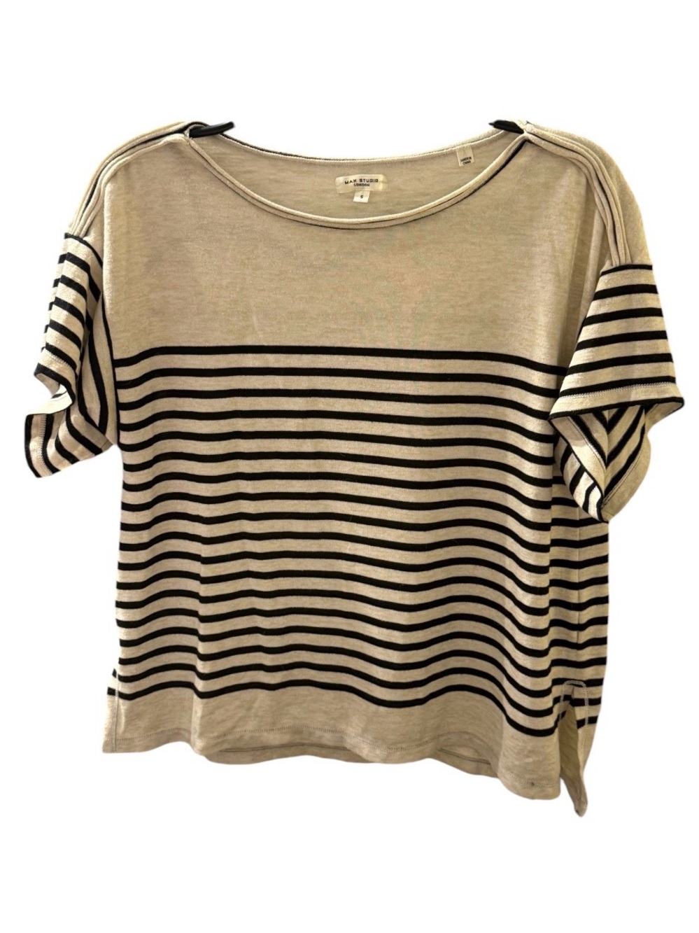 Max Studio Beige and Black Striped Short Sleeve Boatneck Tee